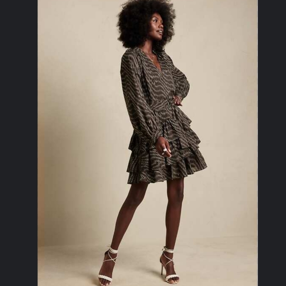 Banana Republic Cotton Tier Mini Dress Black/Brown Long Sleeves Women's Size S